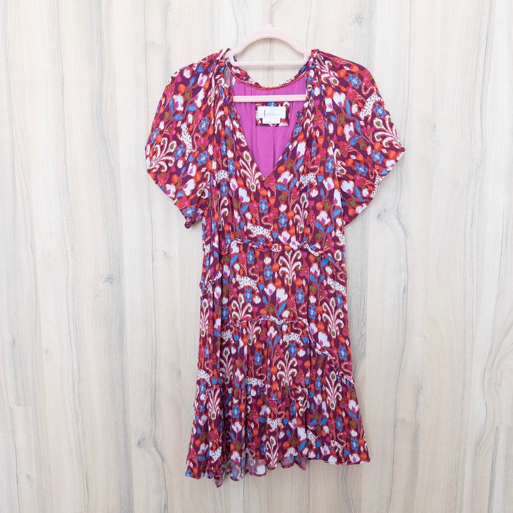 Anthropologie Robin Floral Mini Dress S Pink Ikat Tiered Short Sleeve Boho Artsy